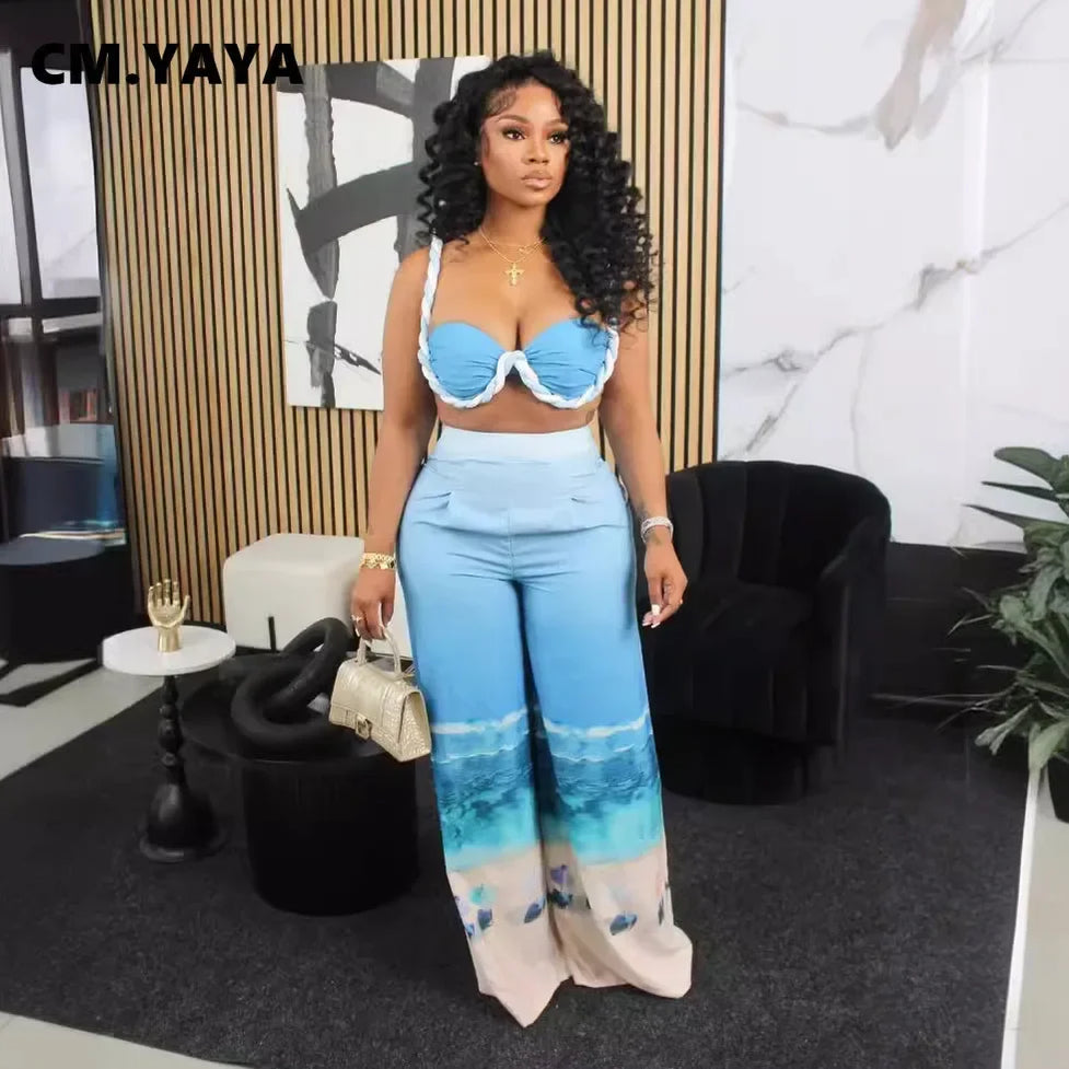 CM.YAYA Summer Women's Set Beach Print Sleeveless Strapless Tops +Wide Leg Pants Suits Street Two 2 Piece Sets Bohemian Outfits
