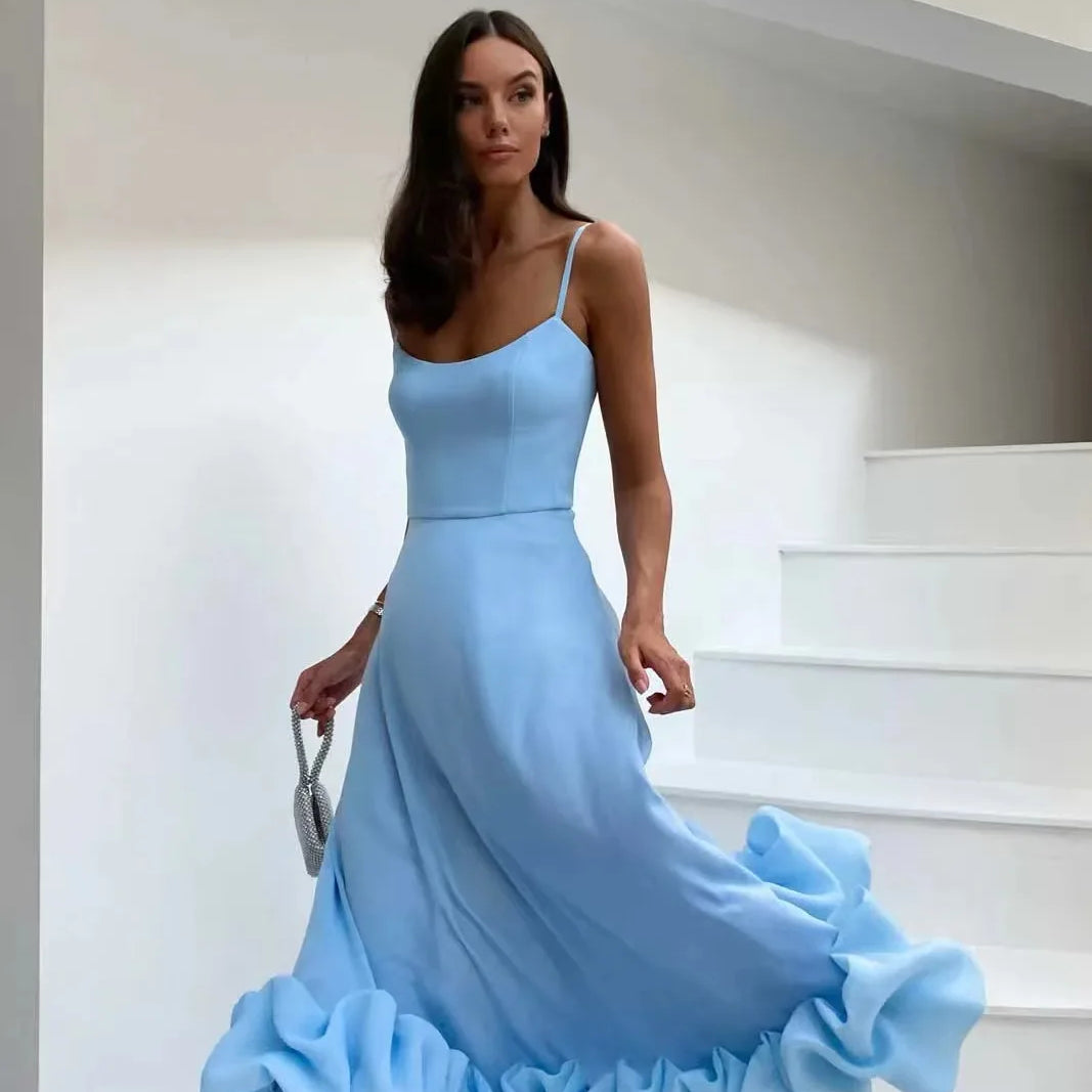 Bridal Luxury Evening Dresse Slim Fit Slash Neck A-LINE Sleeveless Ankle-Length Solid Chiffon Dress Women blue