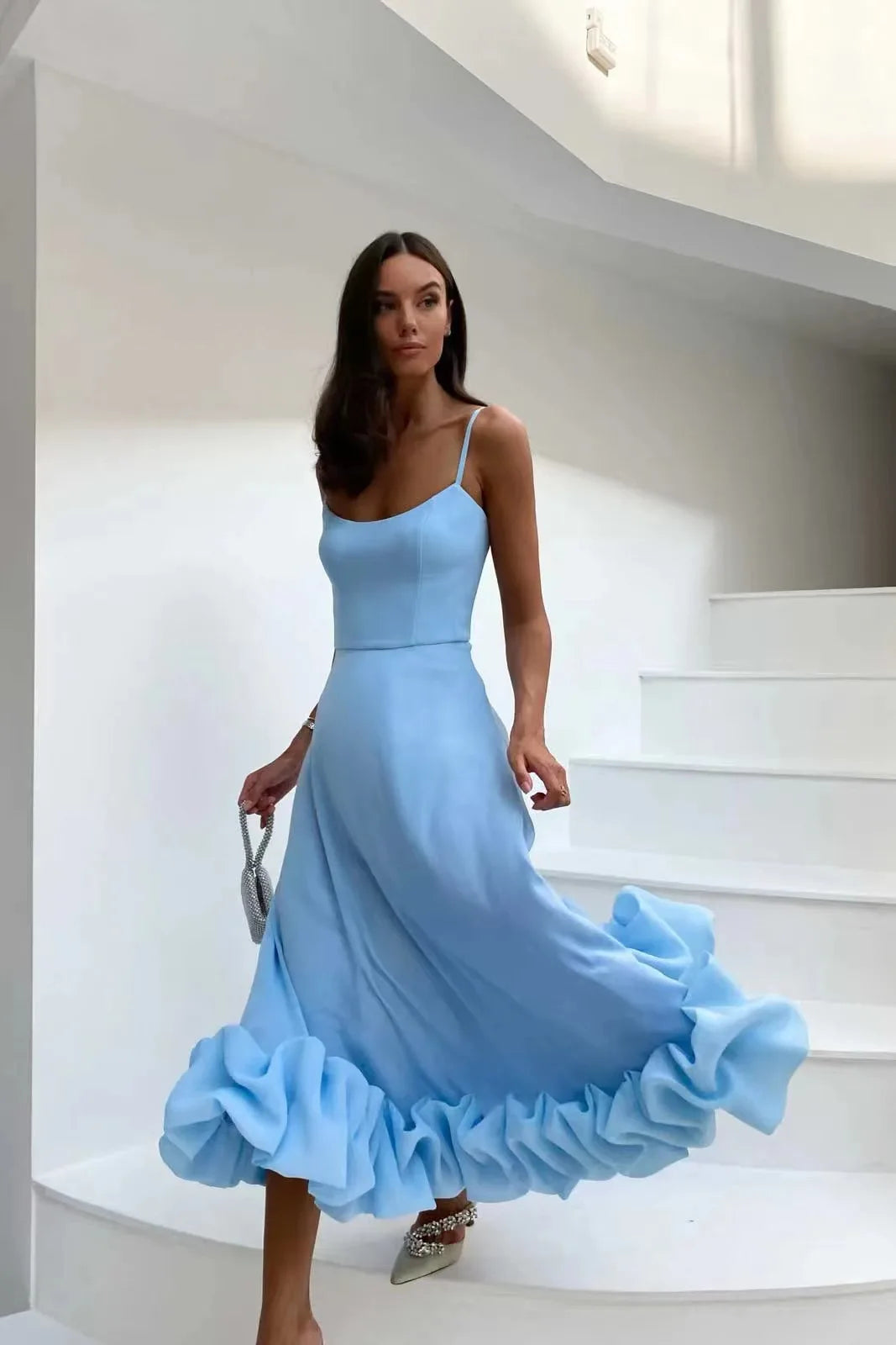 Bridal Luxury Evening Dresse Slim Fit Slash Neck A-LINE Sleeveless Ankle-Length Solid Chiffon Dress Women blue