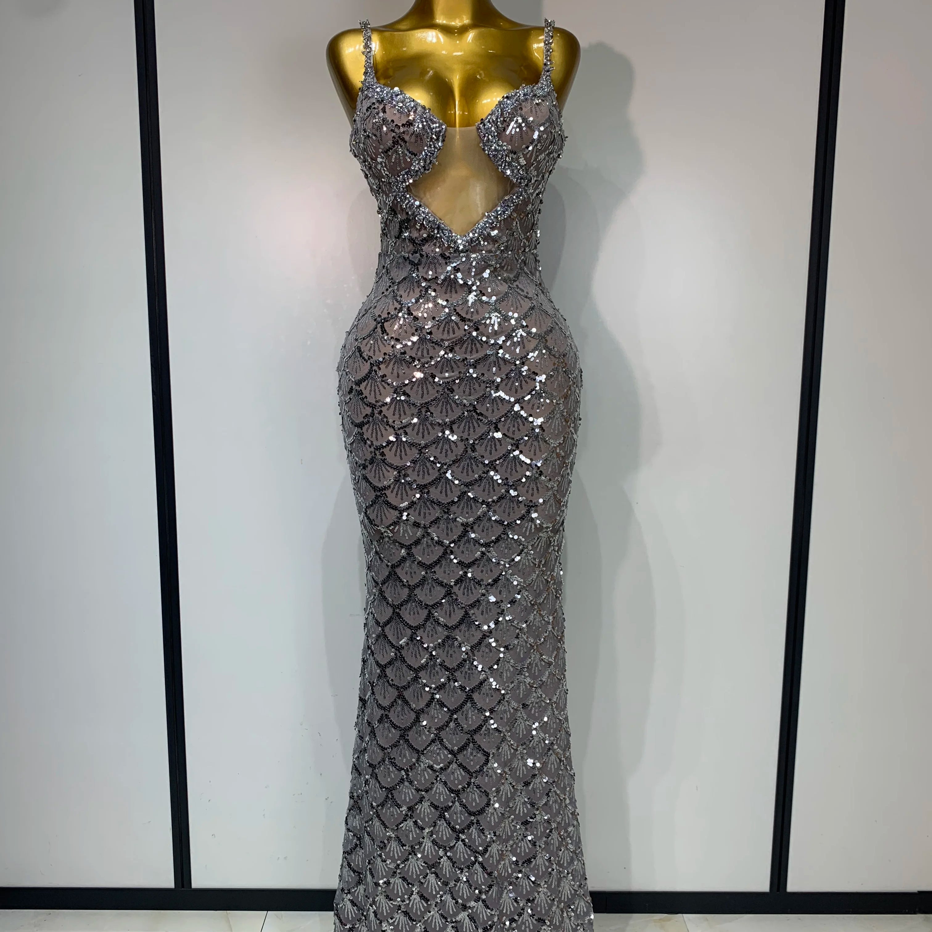 Sparkly Sequined Sleeveless Strap Women Dress V-Neck Evening Sexy Bodycon Party Club Luxurry Birthday Wedding Long Maxi Dresses