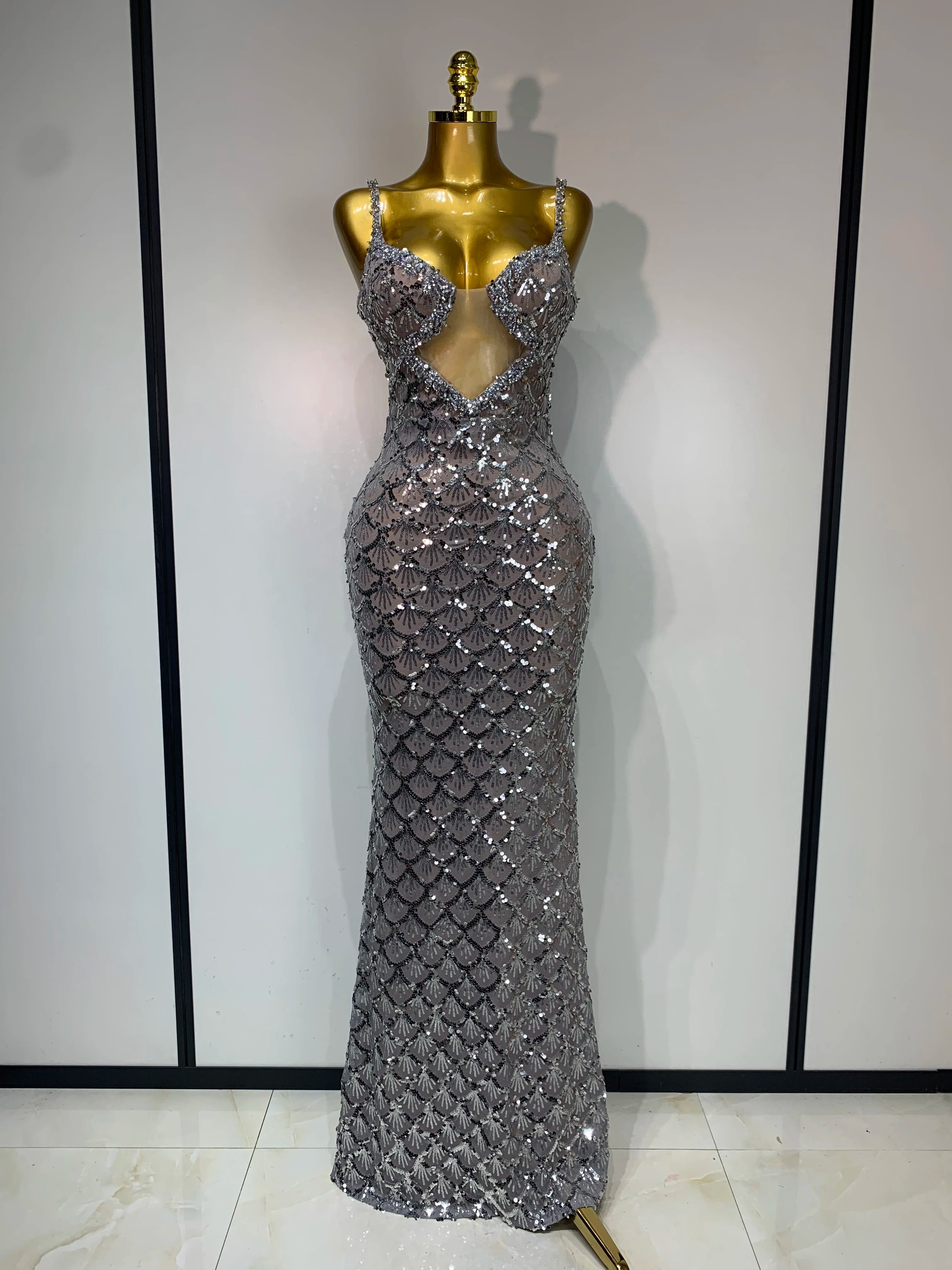 Sparkly Sequined Sleeveless Strap Women Dress V-Neck Evening Sexy Bodycon Party Club Luxurry Birthday Wedding Long Maxi Dresses