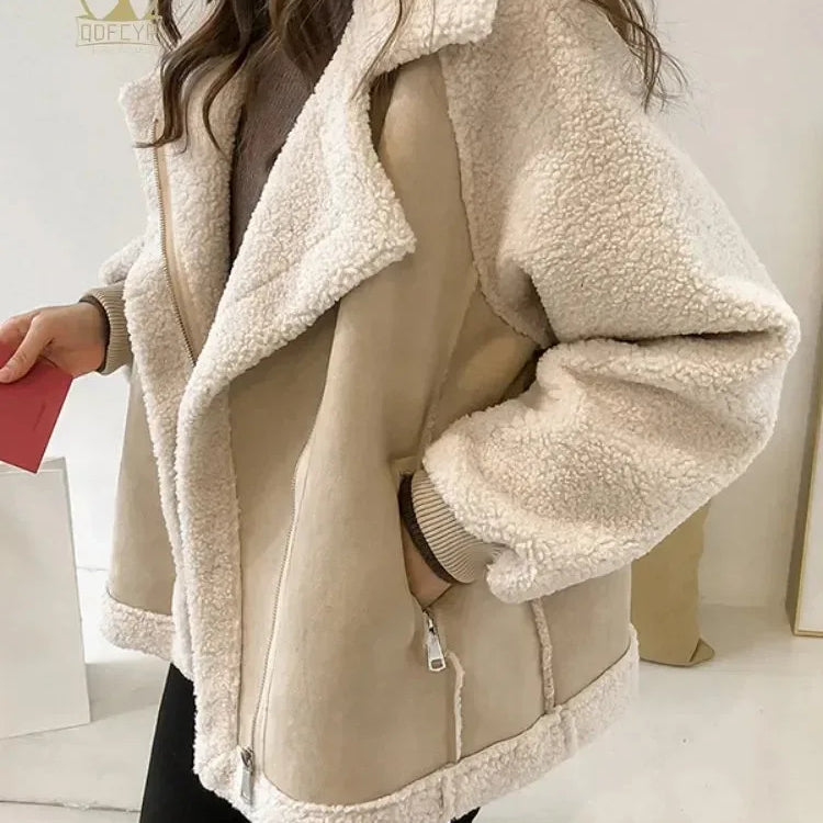 Spring Women's Coat Fashion Imitation Lamb Wool Long Sleeved Loose Top Temperament Vintage Casual Patchwork Soft Jacket