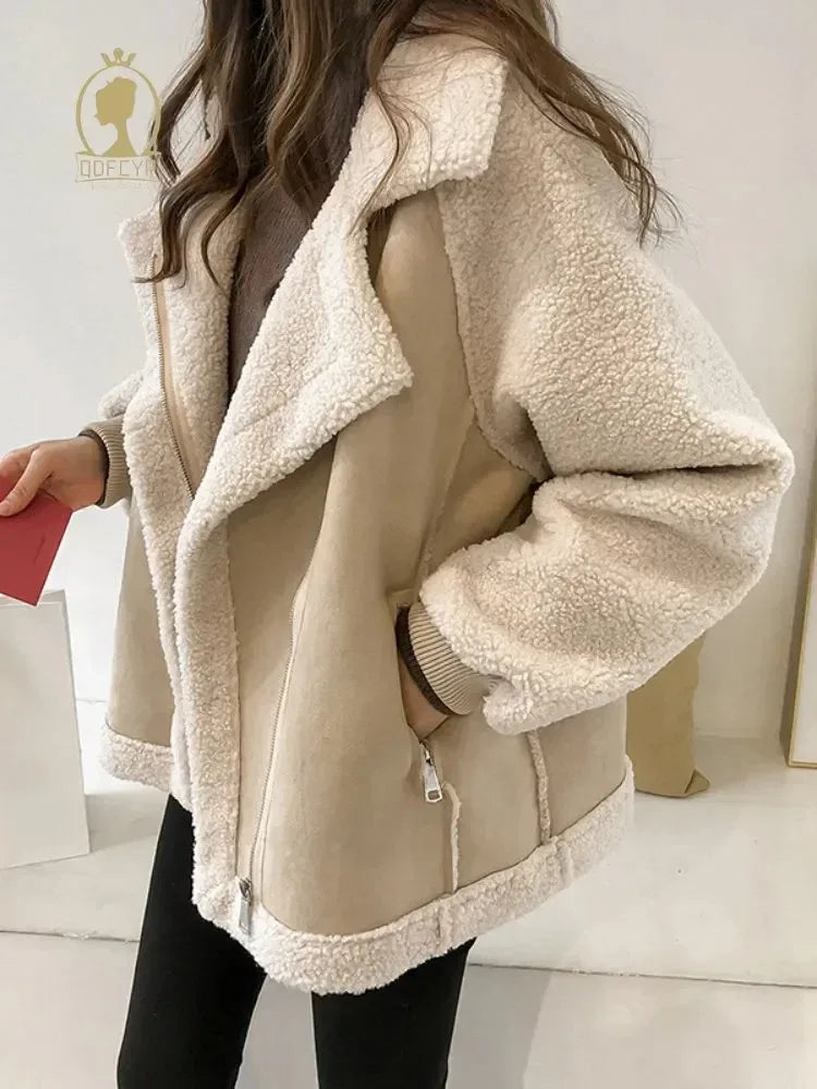 Spring Women's Coat Fashion Imitation Lamb Wool Long Sleeved Loose Top Temperament Vintage Casual Patchwork Soft Jacket