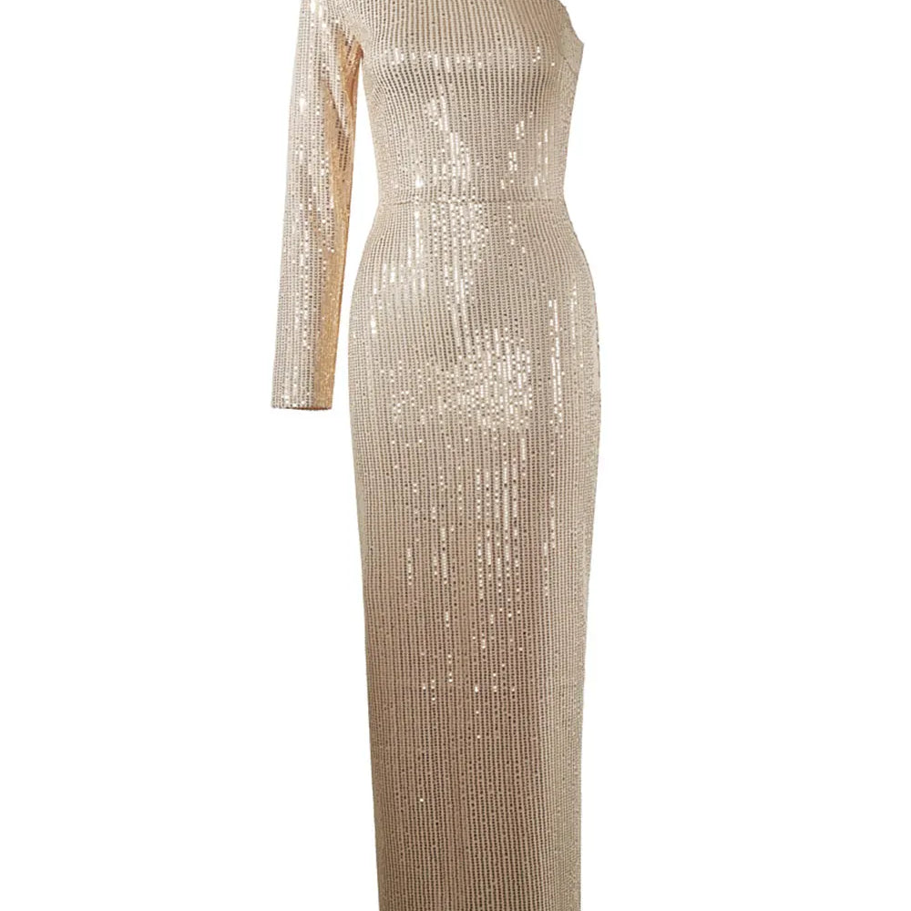 2024 Women's Light Luxury Glitter Dress with Diagonal Collar Single Shoulder Sleeve 3D Flower Decoration Bodycon Long Dresses