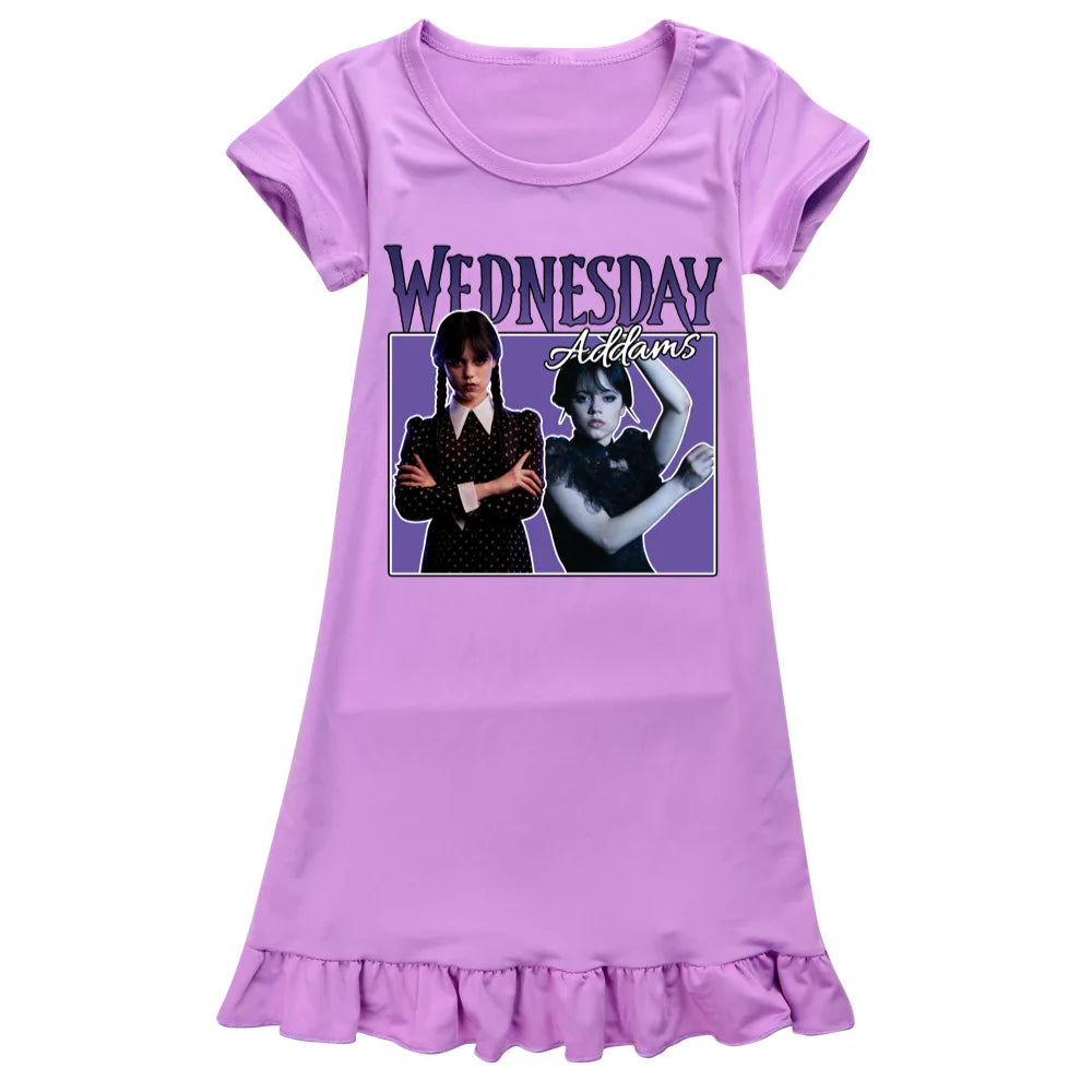 Summer Fashion Wednesday Addams Costume Kids Casual Dress Toddler Girls Short Sleeve Dresses Children A-line Party Sundress COLOR 4