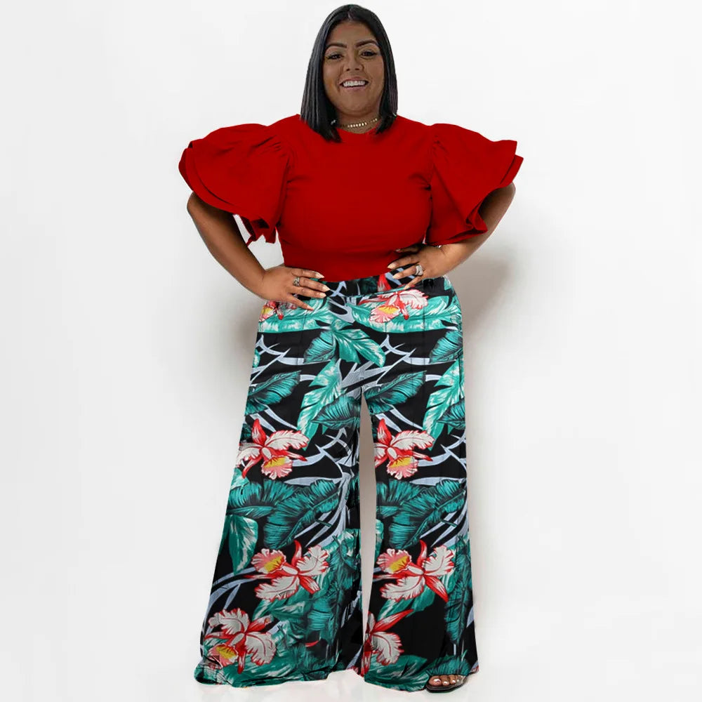 Plus Size Summer 2 Two Piece Set Women Ruffle Pleated Fashion Slim Ladies Blouses Floral Print Loose Pleated Woman Wide Leg Pant