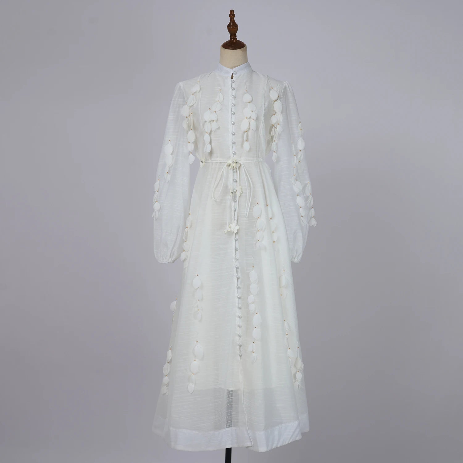 Luxury Beaded Appliques Flower Belt Mesh Dress Women Pearl Button Single Breasted Long Lantern Sleeve Prom Wedding Party Vestido