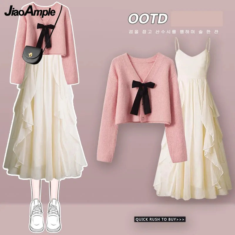 Women's Spring Autumn Fashion Cross Knitted Sweater+Strap Dress Two Piece Korean Elegant New in Matching Set Femlae Skirt