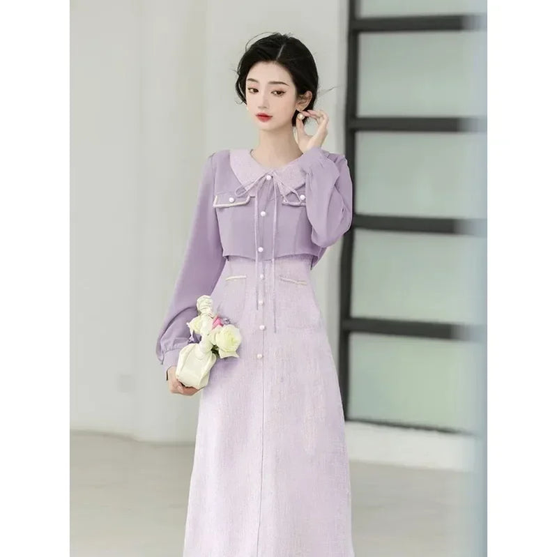 French Elegant Dress Lavender Temperament Women's Clothing High Grade Gentle Fake Two Piece Purple Long Sleeve Dress