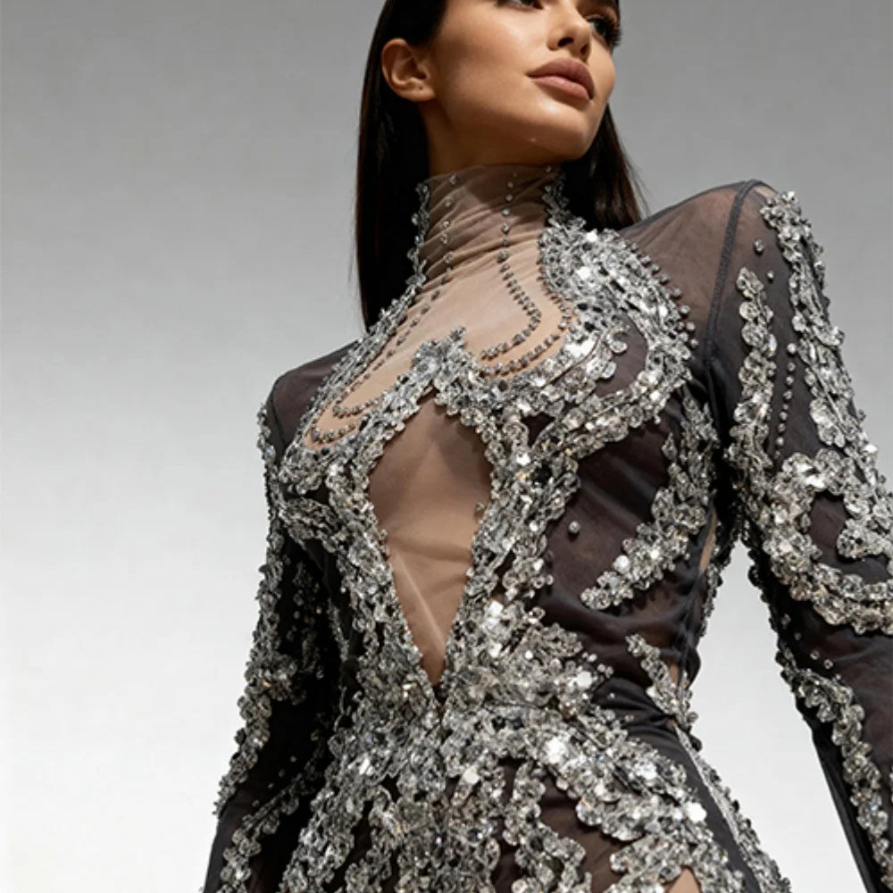 Women Sexy Mesh Sequins Stretchy Long Sleeve Sparkly Night Club See Through Singer Dancer Shining Stage Costume Mini Party Dress