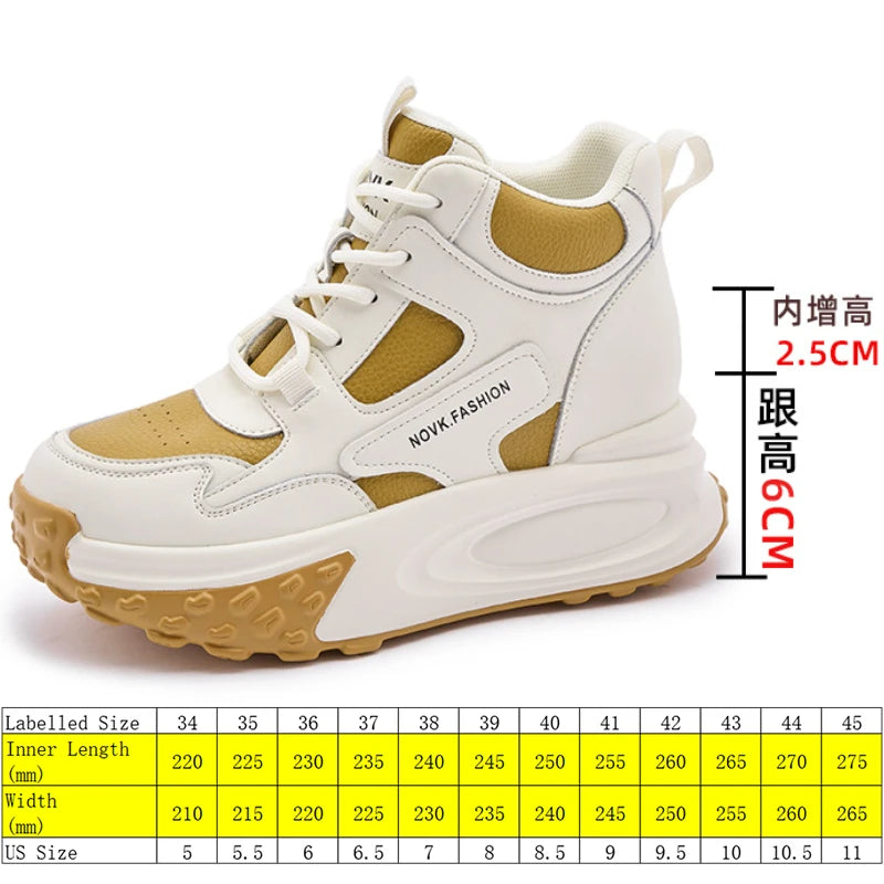 Fujin 8.5cm Cow Genuine Leather Thick Soled Spring Platform Wedge Chunky Sneakers Women Autumn Fashion Hidden Heels Ladies Shoes