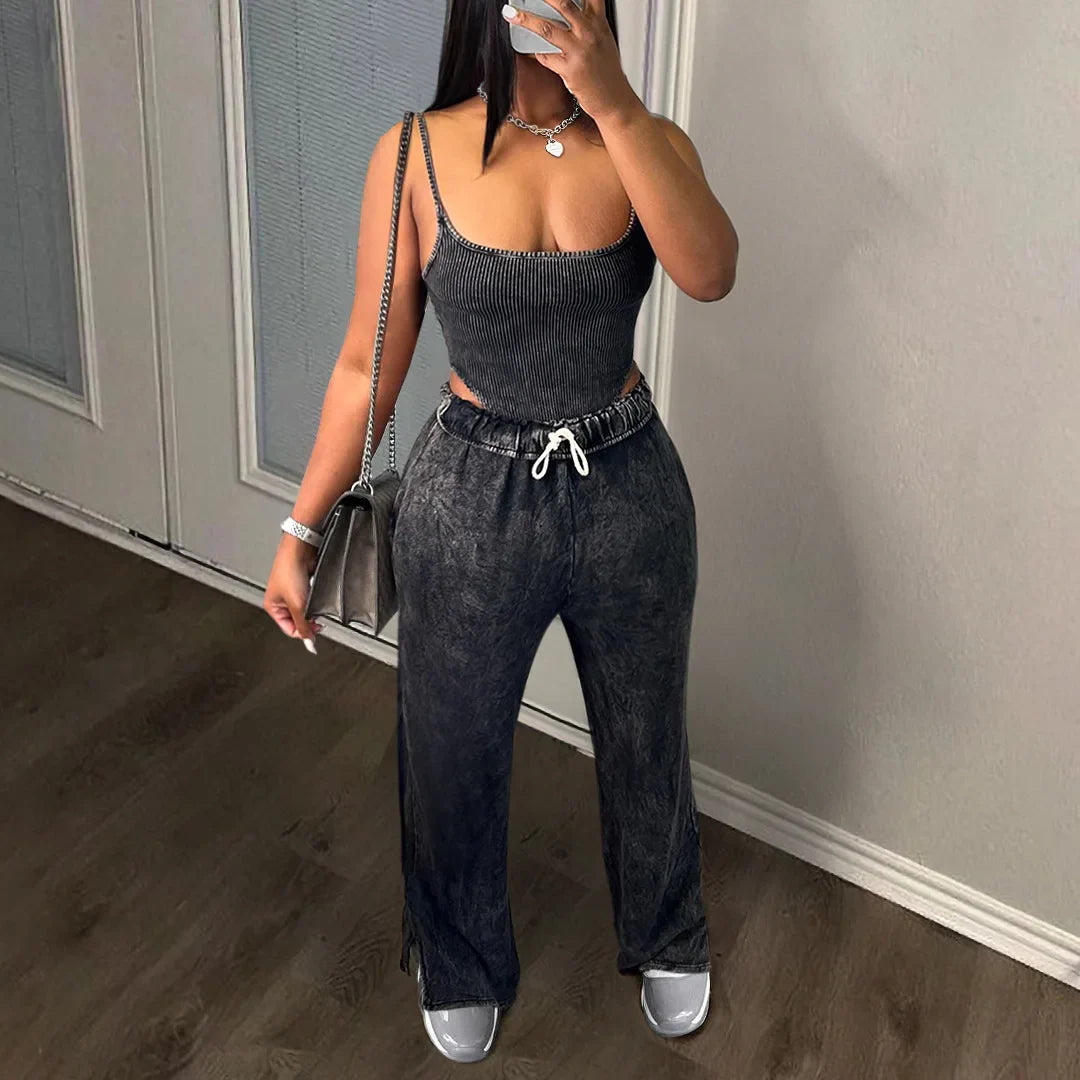 CM.YAYA Summer Women’s Sets SleevelessTop and Elastic Wide Leg Pants Sets Sexy 2 Two Piece Sets Casual Night Club Outfits Dark Gray