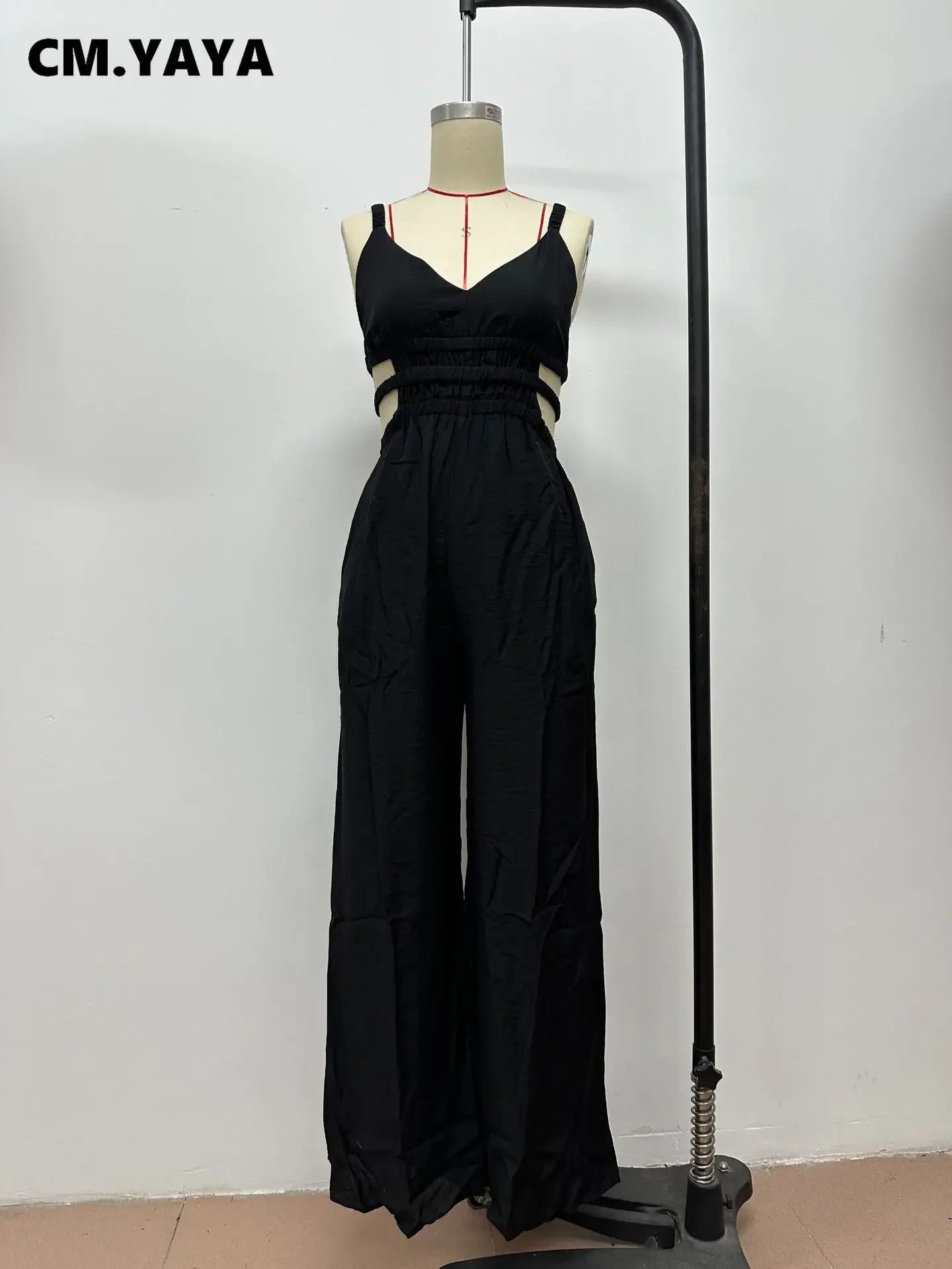 CM.YAYA Women Sleeveless Strap V-neck Backless Wide Leg Long Jumpsuits 2025 Summer Beach Night Club Street Sexy Outfit Rompers