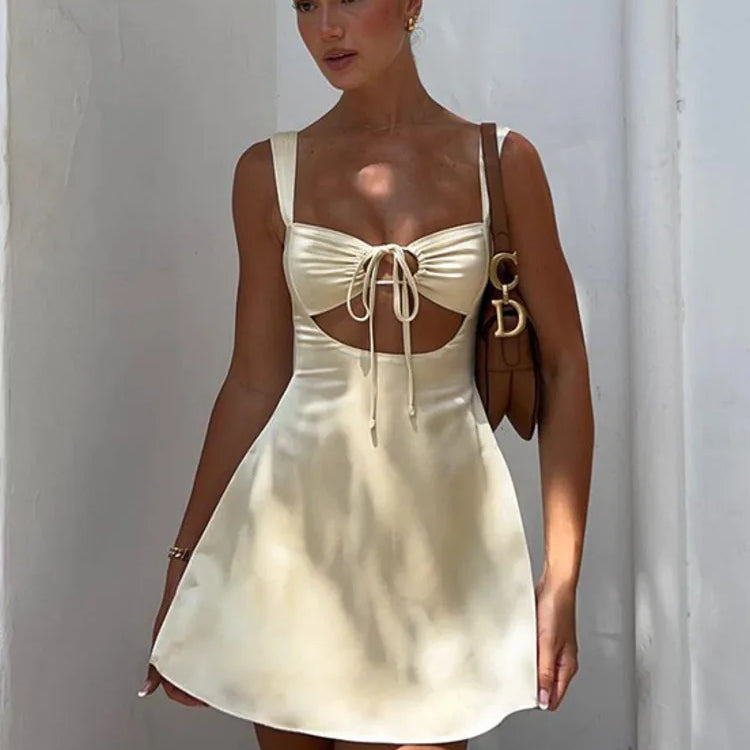 Hollow Out Bandage Sexy Mini Dress For Women 2024 Summer Spaghetti Sleeveless Backless Bodycon Club Party Dress