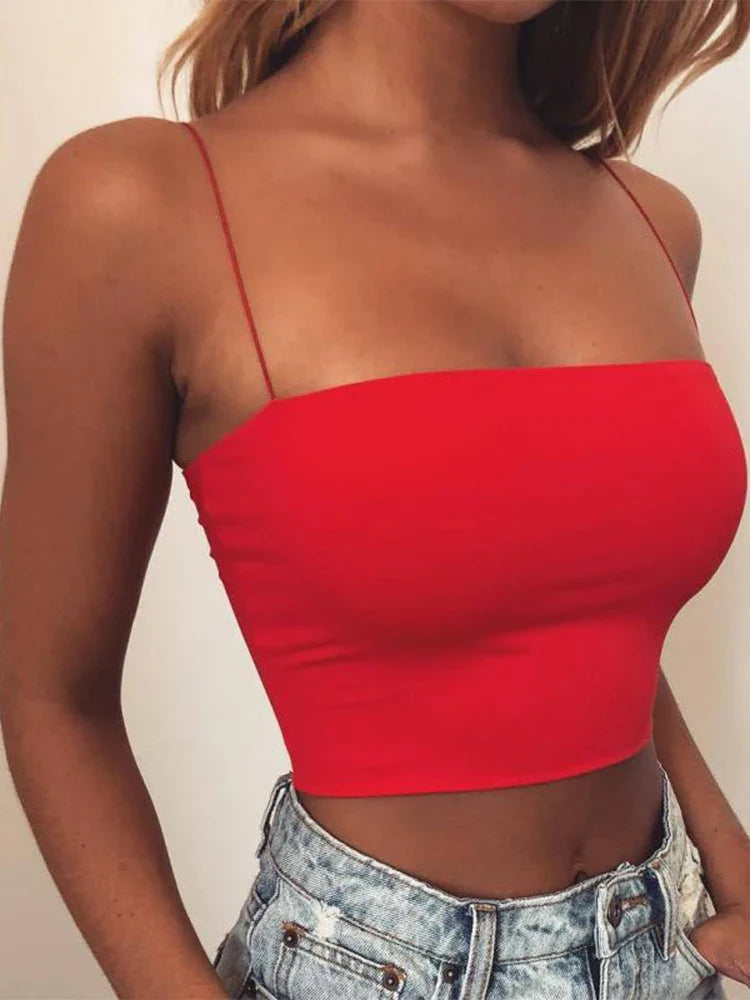 New Fashion Women Spaghetti Strap Crop Top Sexy Bodycon Sleeveless Cami Tube Top Basic Plain Camisole Red