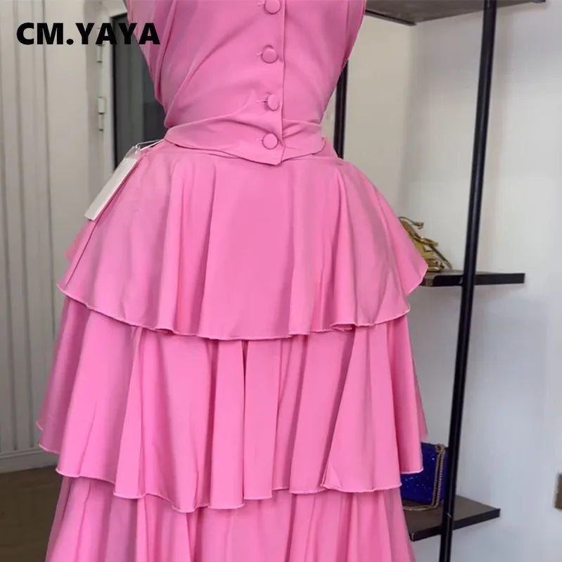 CM.YAYA Women's Dress Set Sleeveless Vest Tops and Pleated Tiered Skirts Suit Elegant Holiday Birthday Two 2 Piece Set Outfits