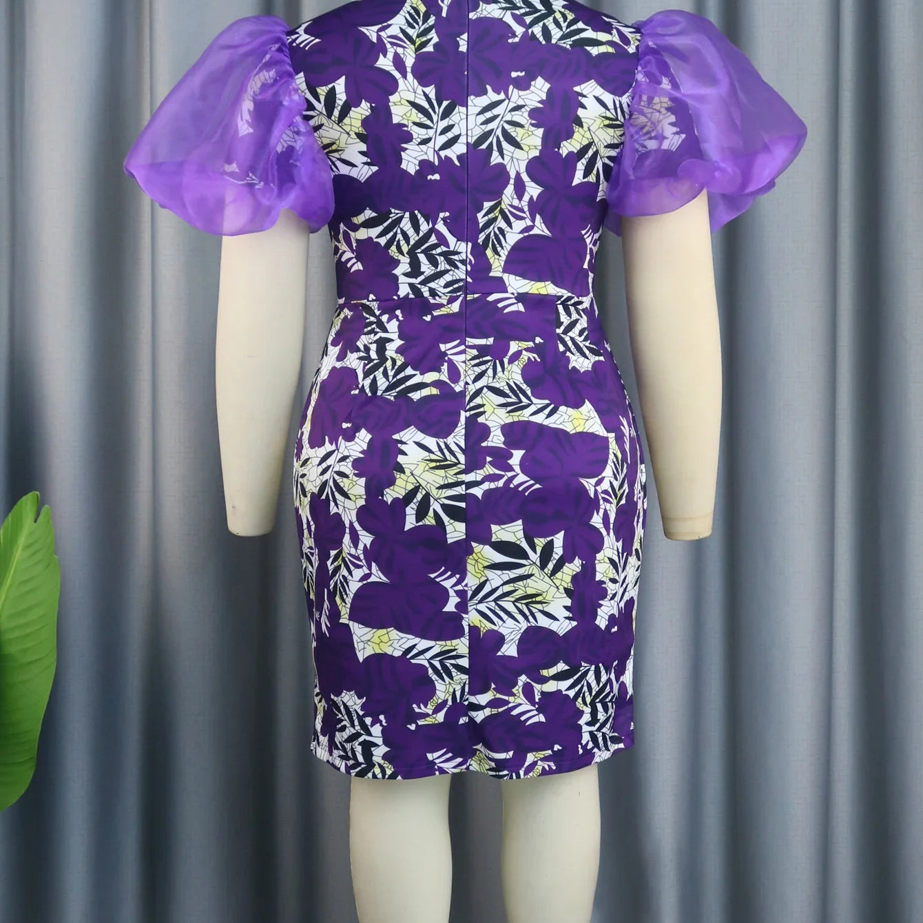 Purple Printed Dresses O Neck Tulle Patchwork Short Puff Sleeve Floral High Waist Bodycon Birthday Evening Event Party Gowns