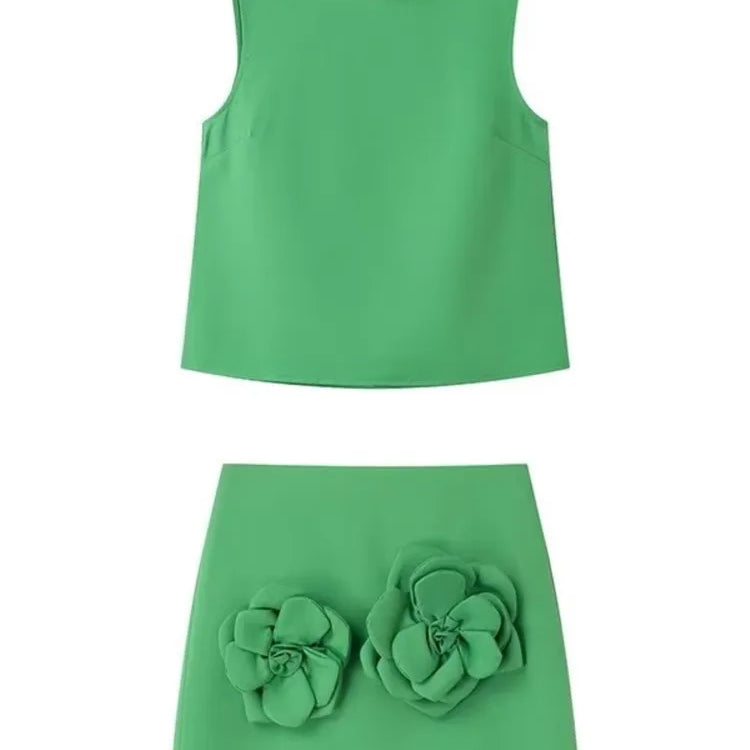 Aonibeier Y2K Extreme Short Women Mini Skirt Suits Traf Summer Flower Appliques Sleeveless Tanks Female Crop Top Sets White GR