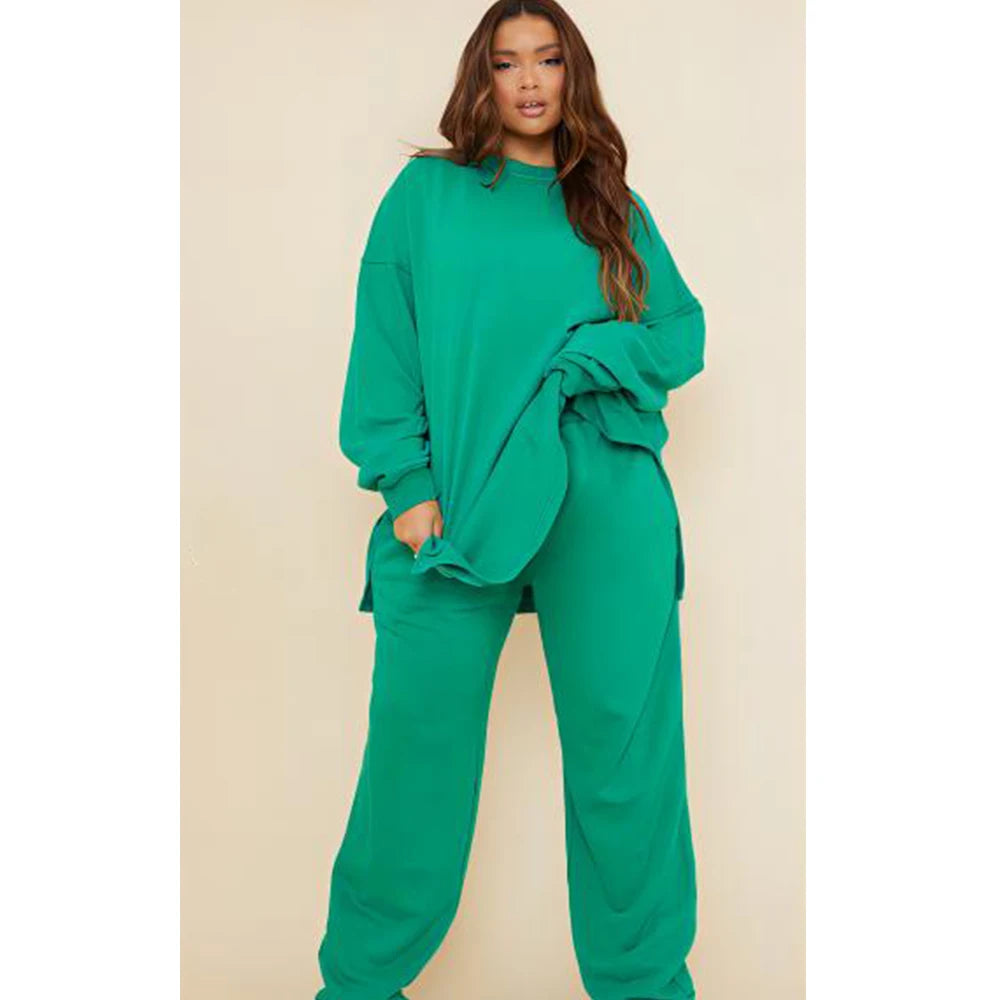 Women's Plus Size Casual Sport Matching Set Cargo Pant and Long Hooded Round Neck Two Piece Set Solid Leisure Loose Outfit Set