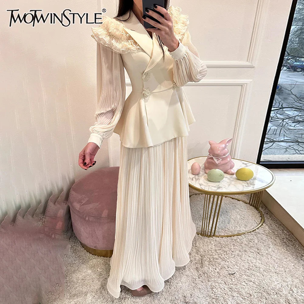 Slimming Two Piece Sets for Women Lapel Long Sleeves Spliced Double Bteasted Top Patchwork Mesh Skirt Female New