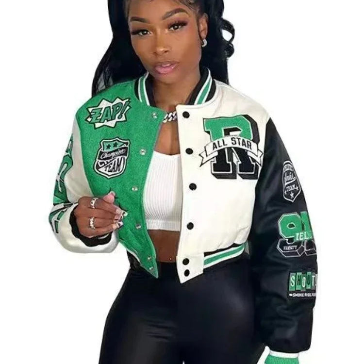 Women Overcoat Casual Letter Print Patchwork Baseball Uniform Jacket Round Neck Button Fall Coat Autumn Winter Short Jacket
