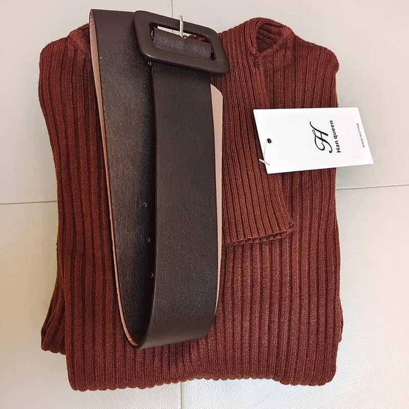 H Han Queen Knitted Turtleneck Sweater Bodycon Dress Bottoming Women Soft Elastic Autumn Winter Midi Party Dresses With Belt Brown One Size