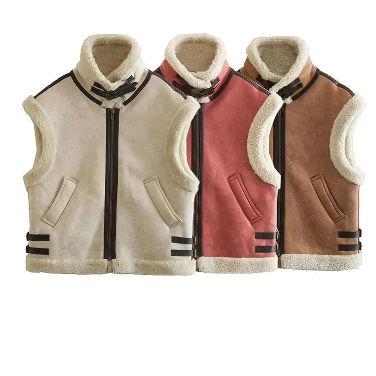TRAFZA Winter Fur Vest Women Faux Sheepskin Fur Waistcoat Chic Lady Faux Leather Fleece Warm Vest Woman Sleeveless Jacket