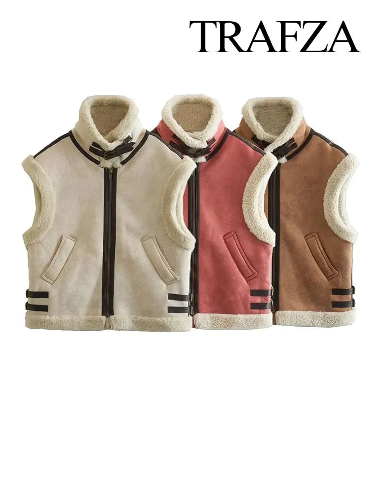 TRAFZA Winter Fur Vest Women Faux Sheepskin Fur Waistcoat Chic Lady Faux Leather Fleece Warm Vest Woman Sleeveless Jacket