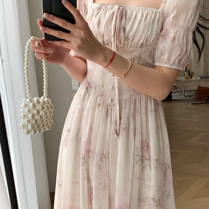 Summer Fashion French Retro A-Line Fairy Party Dress Female Floral Square Neck Lantern Sleeves High Waist Pleated Vest Dresses