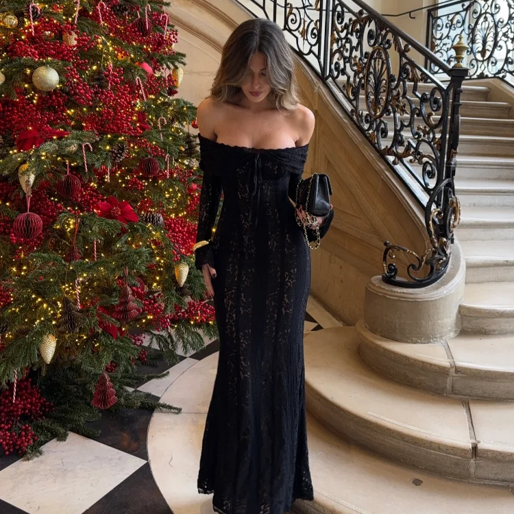 Suninheart White Off The Shoulder Bodycon Dress 2024 New in Flare Sleeve Elegant Lace Maxi Dress Wedding Guest Dress for Women