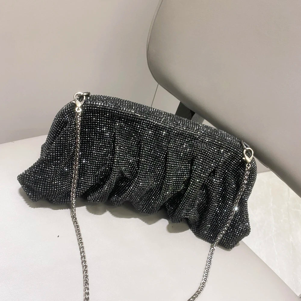 Shiny Rhinestones Handmade Evening Clutch Bags New Folds Purses And Handbags Luxury Designer Wedding Party High Quality Black