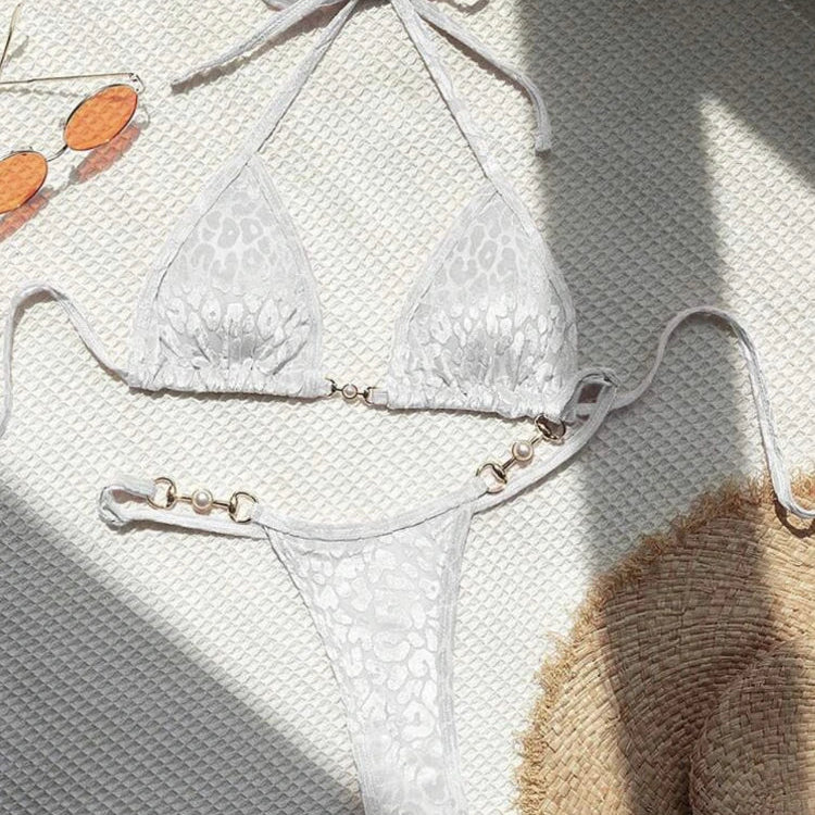 Sexy Leopard Print Glossy Bikini Women's 2-piece Thong Swimwear Suspender Lace-up Low Waist Backless Bathing Suit Beachwear WHITE