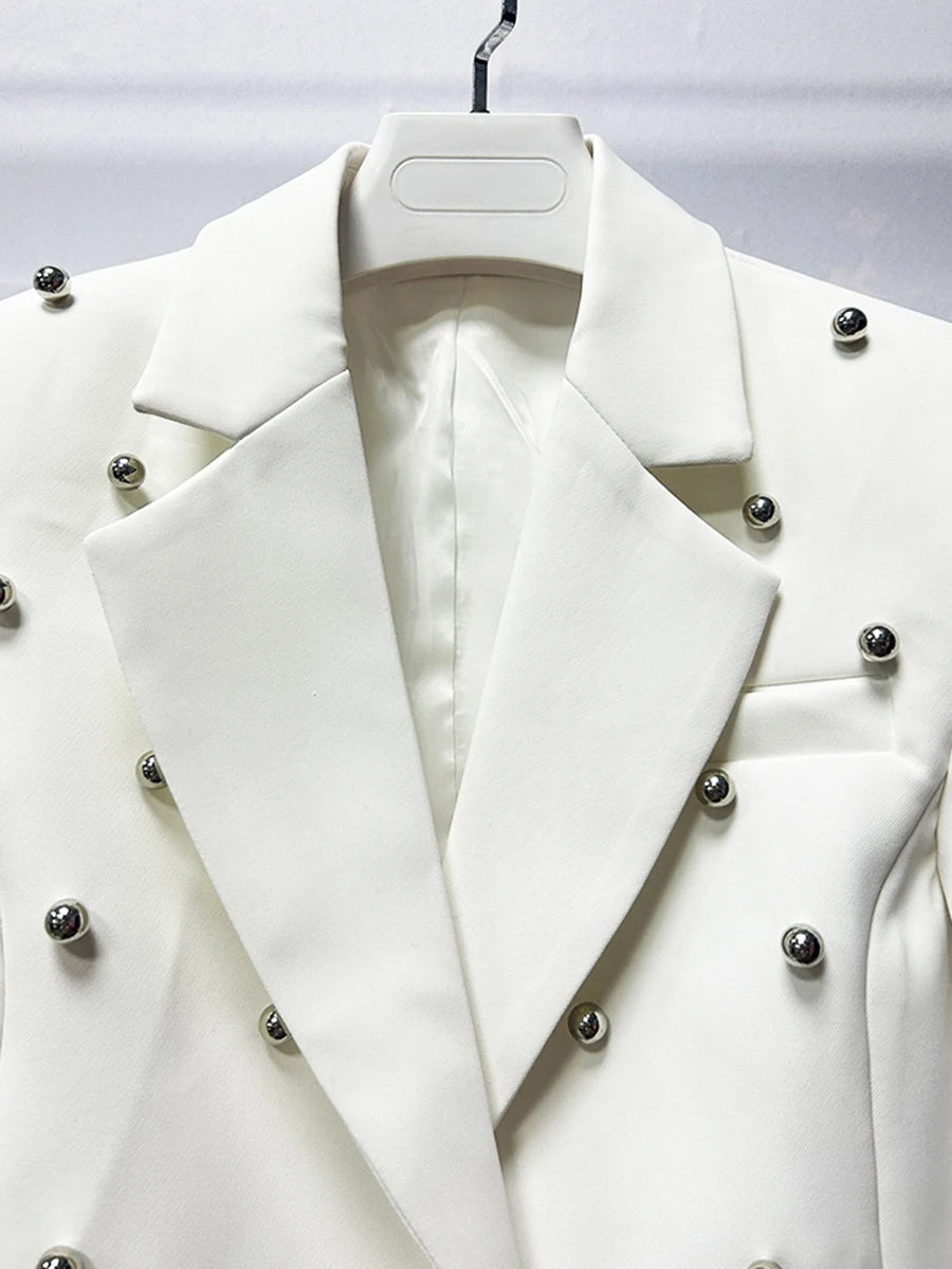 TWOTWINSTYLE Solid Slimming Spliced Bead Fashion Short Jackets for Women Lapel Long Sleeves Temperament Jacket Female Clothing