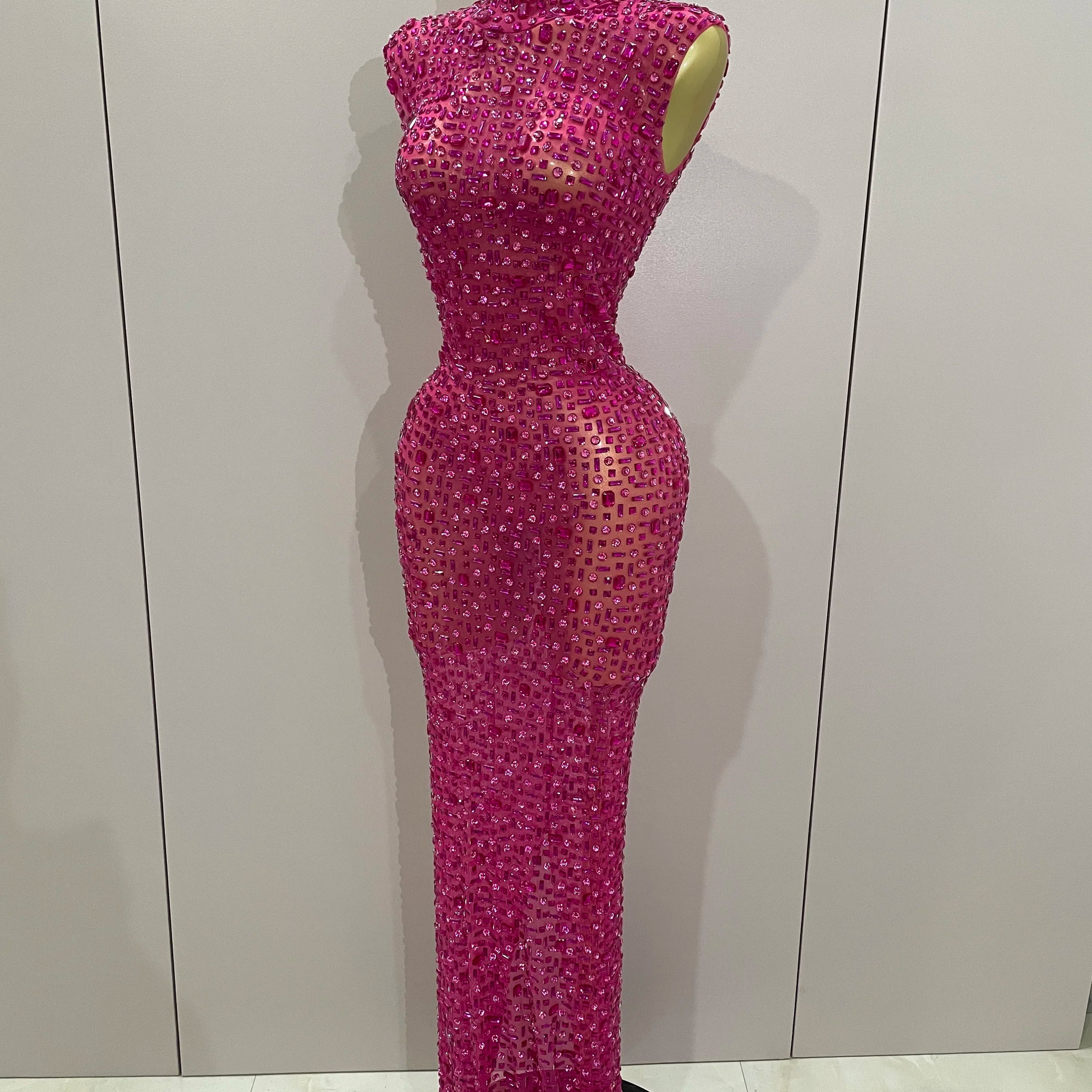 Sexy Sparkly Crystal Diamonds Mesh See Through Long Dress 2025 New Women Elegant Party Costume Singer Stage Performance Outfit