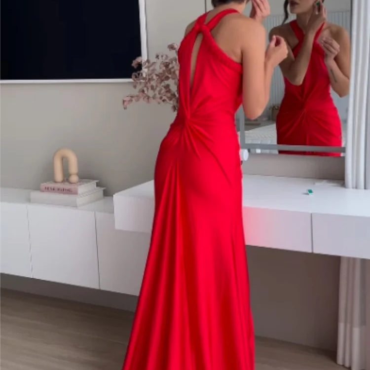 Rosered  Red Color Women Sexy Off the Shoulder Halter Backless Long Mermaid Dress Elegant Evening Party Celebrate Wedding Dress