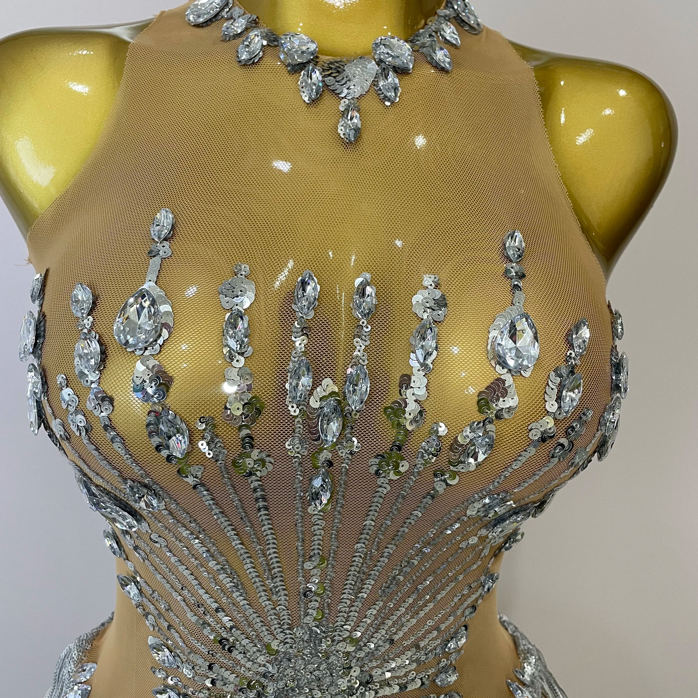 STOCK Sliver Sequins Shining Diamonds Sexy Mesh Long Tassel Bodysuit Women Nightclub Party Birthday Stage Performance Costume