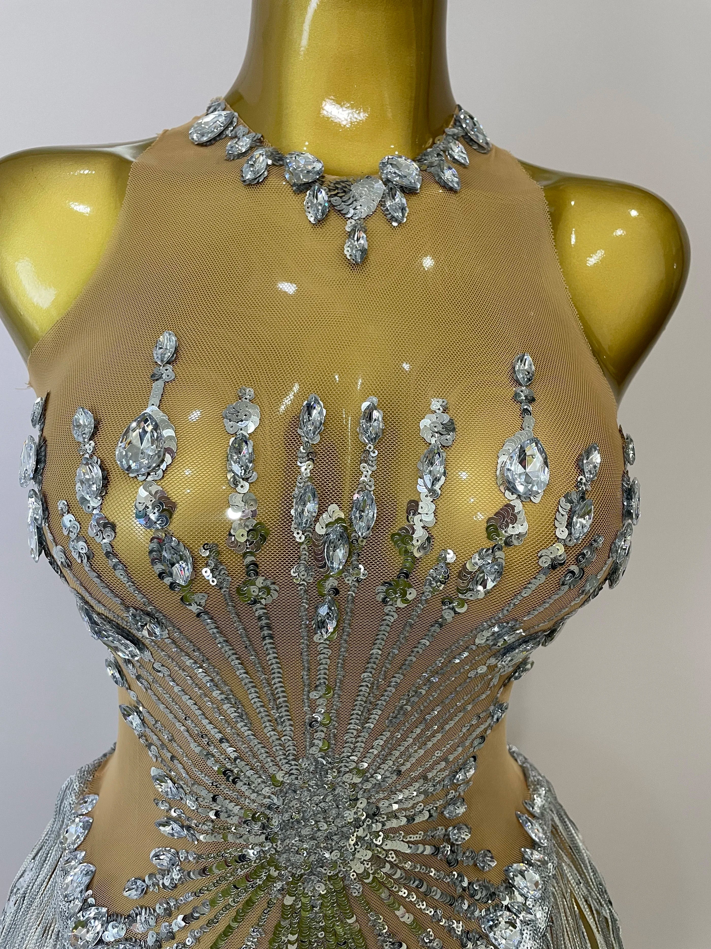 STOCK Sliver Sequins Shining Diamonds Sexy Mesh Long Tassel Bodysuit Women Nightclub Party Birthday Stage Performance Costume