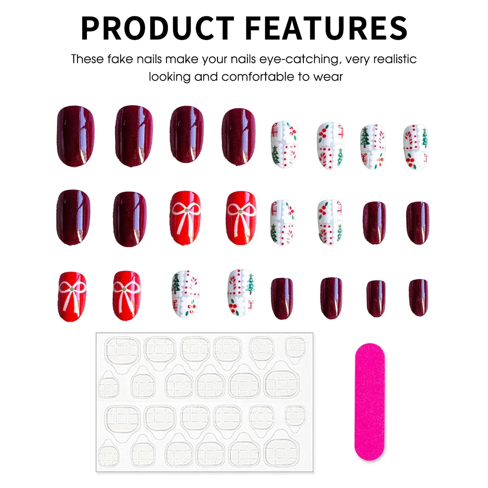 24Pcs Christmas Fake Nails for Women Girls Red/Green Short Round Head Press On Nails Bowknot/Xmas Tree Printed False Nails Art