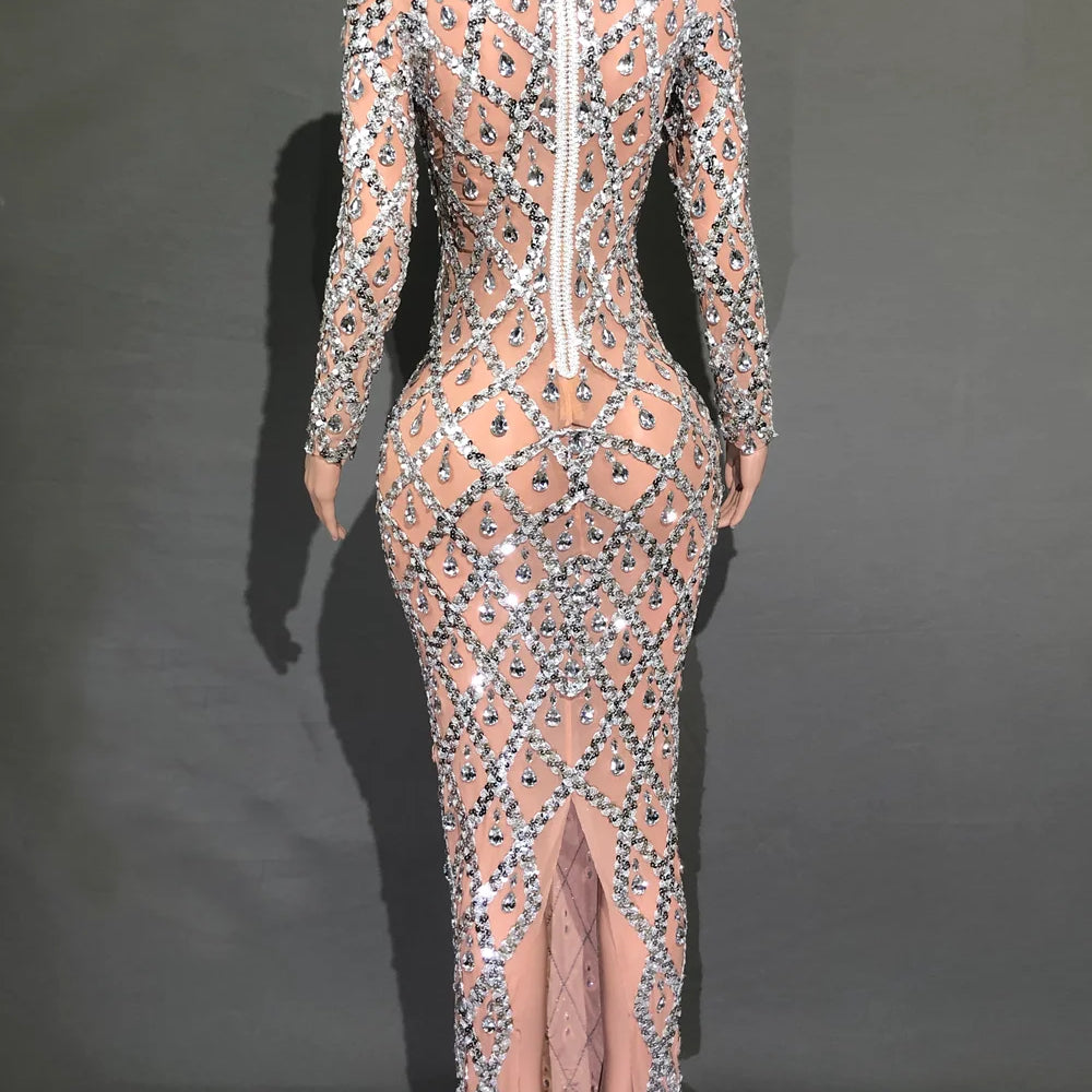 Sparkly Sequins Crystals Long Sleeves Dress Women Evening Prom Birthday Dress Sexy Transparent Rhinestones Photo Shoot Dress