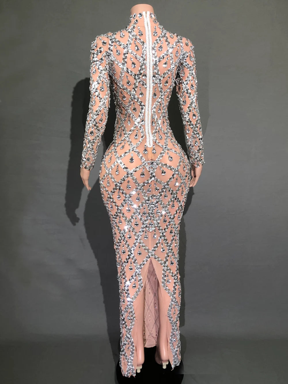 Sparkly Sequins Crystals Long Sleeves Dress Women Evening Prom Birthday Dress Sexy Transparent Rhinestones Photo Shoot Dress