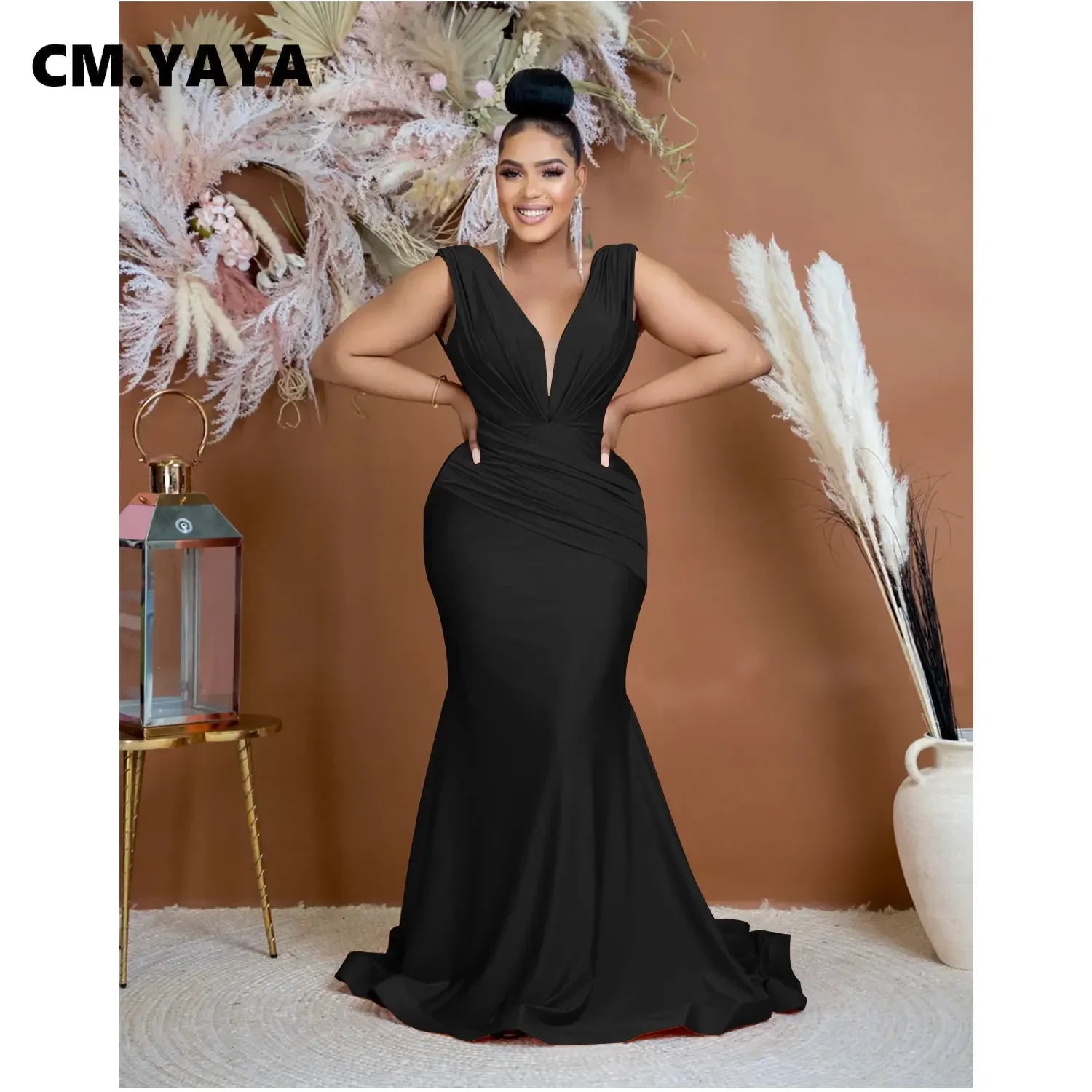 CM.YAYA Women Draped Waist Shoulder Sleeveless Deep V-neck Maxi Long Trumpet Mermaid Dress 2023 Club Sexy Party Evening Dresses
