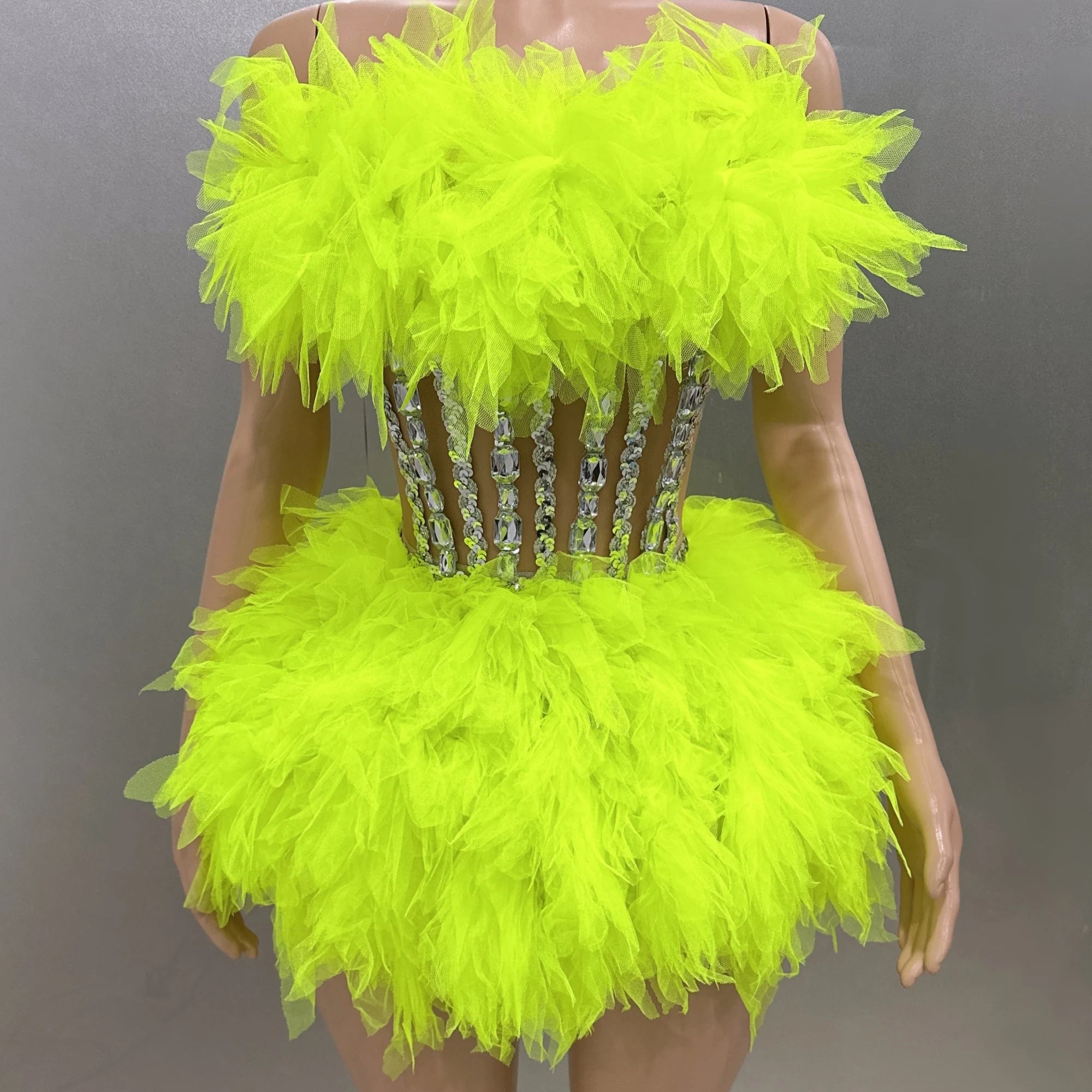 Hot Sale Women Sexy Mesh Ruffles Ball Gown Mini 2 Pieces Dress Lace-up Crystal Birthday Party Celebrate Nightclub Wear