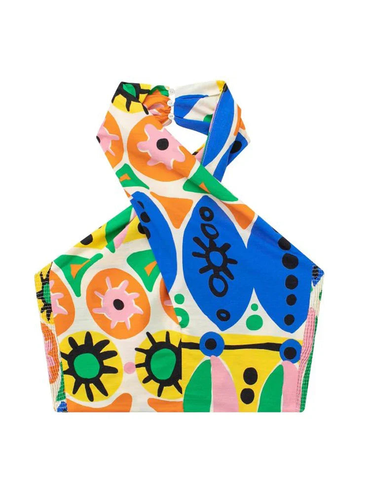 For Women Female Causal Halter Sleeveless Camisole Tops A-Line Mid-Calf Skirt TRAF Fashion Summer Print Skirt Sets