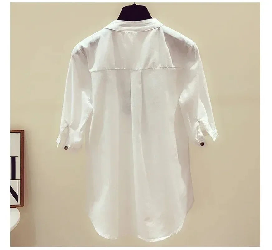 Loose Cotton Blouses for Women, White Tops and Blouses, Elegant Embroidery V-Neck Shirts, New Summer Clothes, 3140 50