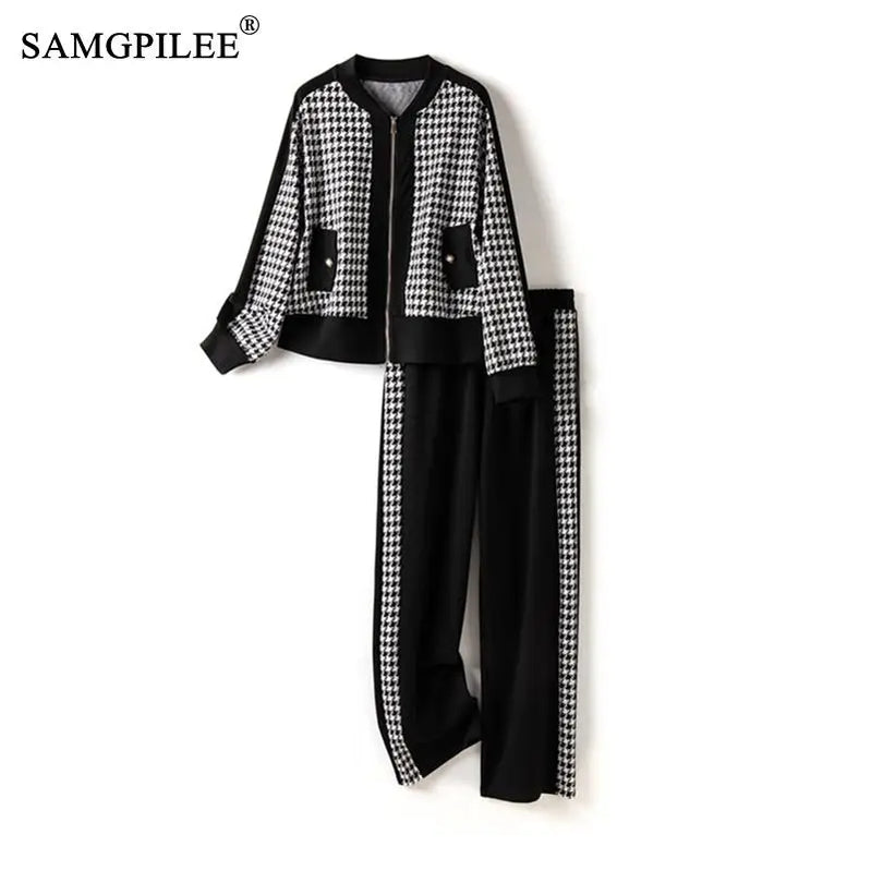 Two Piece Sets Womens Outifits 2024 New Houndstooth Cardigan Jacket Wide Leg Pants Autumn Winter Elegant Women's Sets 4XL
