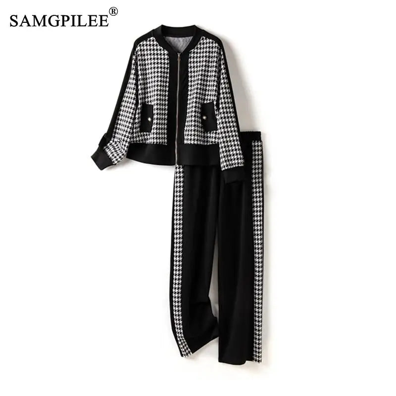 Two Piece Sets Womens Outifits 2024 New Houndstooth Cardigan Jacket Wide Leg Pants Autumn Winter Elegant Women's Sets 4XL