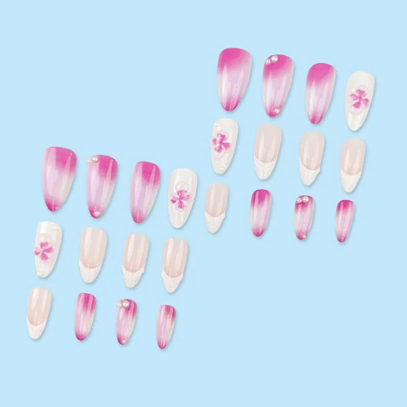 24Pcs Fashion Purple&White 3D Flower Press-On Nails Almond Shaped Glossy French Nail Tips for Daily Wear Suitable for All Ladies