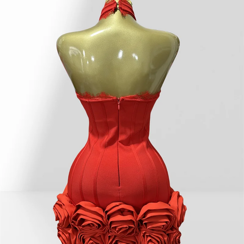 Stereoscopic Folwer Sexy Deep V-Neck Halter Sheath Red Bandage Mini Dress Sweet Woman Birthday Party Dress Music Festival Outfit