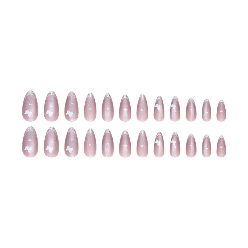 24pcs French Style Purple Cat Eyes Press on Nails White Butterfly Simple Almond Nails Full Cover Wearable False Nails