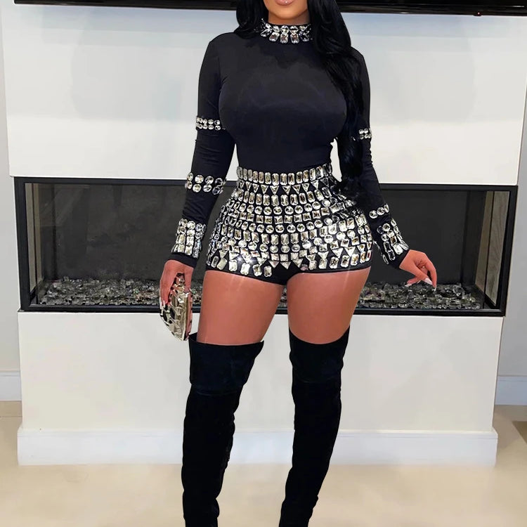 CM.YAYA Women Diamonds Hot Rhinestones Long Sleeve Short Jumpsuits 2024 Summer Sexy Party Club One Piece Suit Rompers Playsuits